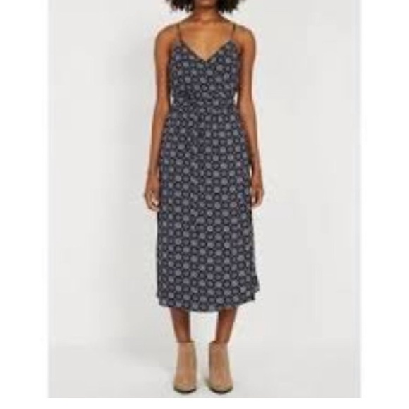 FRANK AND OAK NAVY CREAM GEO PATTERN SPAGHETTI STRAPS WRAP DRESS XL - Picture 2 of 7